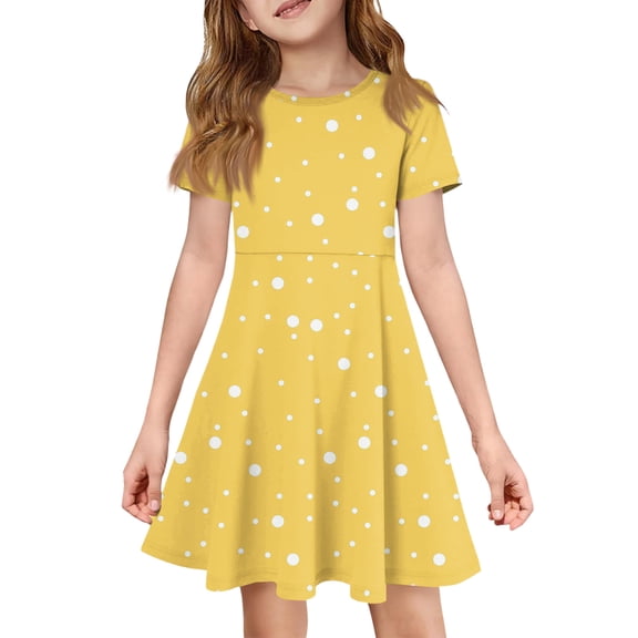 XADYUY Summer Dress for Girls Casual A-Line Short Sleeve Girls Tshirt Dresses Polka Dot Crew Neck Sundresses Summer Swing Dresses with Pockets,12-13Years,Yellow