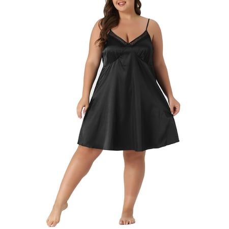 Agnes Orinda Women s Plus Size Lingerie Satin Lace Chemise Nightgown V-Neck Cami Sleeveless Sleepwear Dress 3X Black