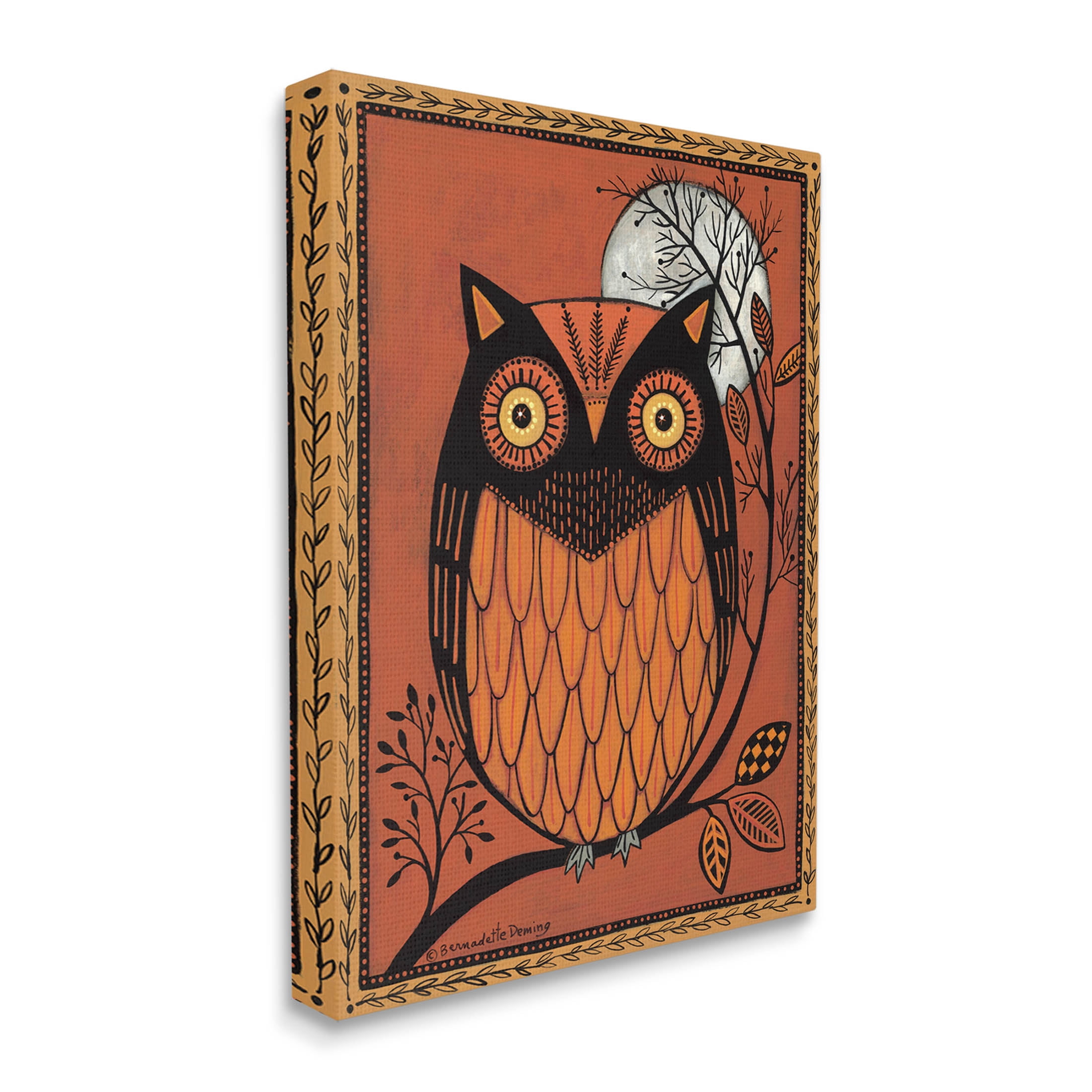 Round Owl Autumn Botanical Border Holiday Graphic Art Gallery Wrapped Canvas Print Wall Art