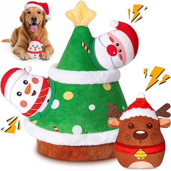 Pet Deluxe Christmas Dog Toys, 4 Pack Santa Xmas Tree Hide & Seek Squeaky Toy Soft Thick Plush Material, Brain Stimulating Interactive Play, Great Holiday Gift Choice, Suitable for Small Medium Dogs