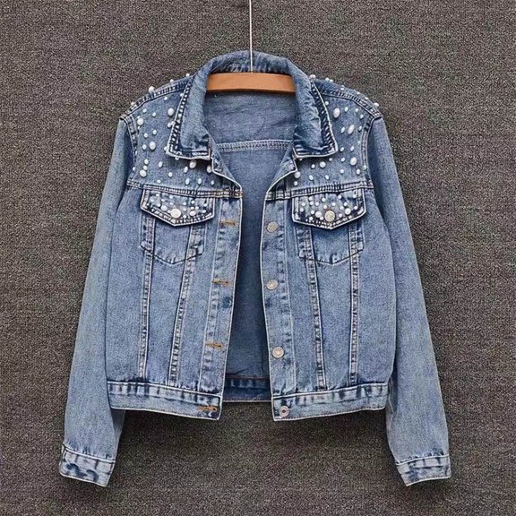 Winter Women Jacket - Bead Decor Plus Size Long Sleeves Turn-down Collar Chest Pockets Button Closure Coat Short Type Casual Streetwear