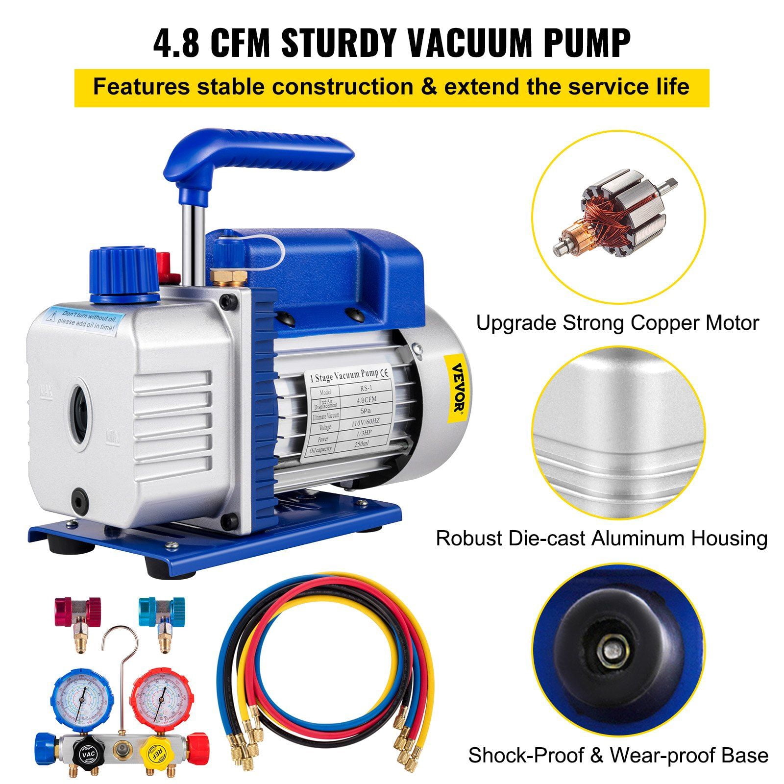 Suction Pump 4.8 CFM 1/4 HP Single Stage HVAC AC Cooling Systems 5 PA Ultimate Vacuum Manifold Gauge Kit R410A R134A R22 Includes 4 Way Gauge Hose