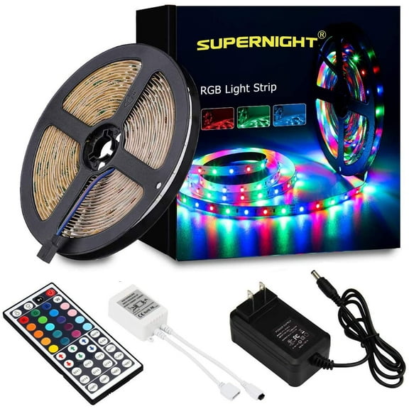 SUPERNIGHT 5M/16.4Ft RGB LED Light Strip NON-Waterproof 3528 SMD RGB 300LEDs, Color Changing Flexible Tape Strip Light Kit with 44Keys IR Remote Control, Power Supply for Party, Bar, Home Decoration