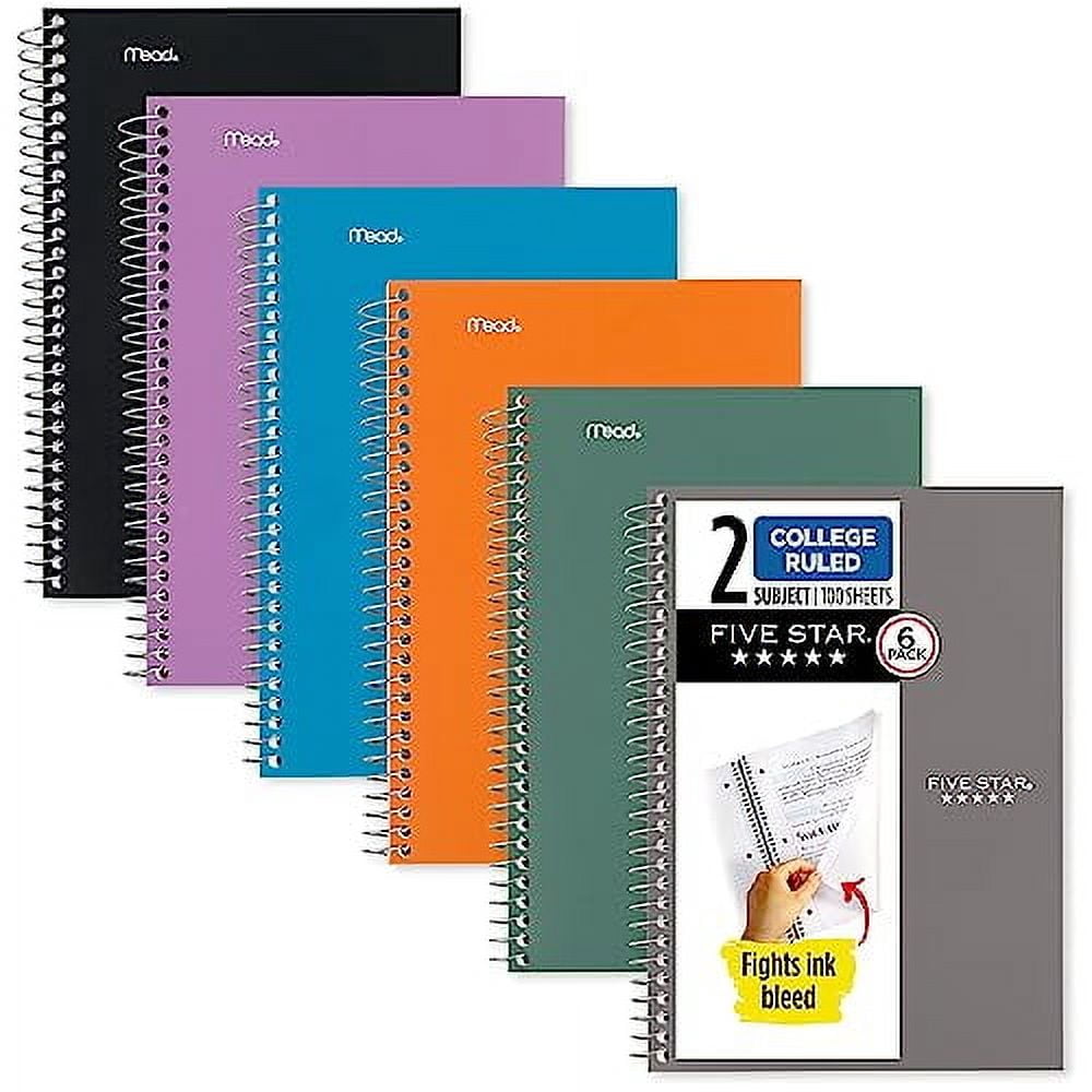 Five Star Wirebound Notebook, 2 Subject, College Ruled, 6" x 9 1/2", Assorted, 6 Pack (73711)