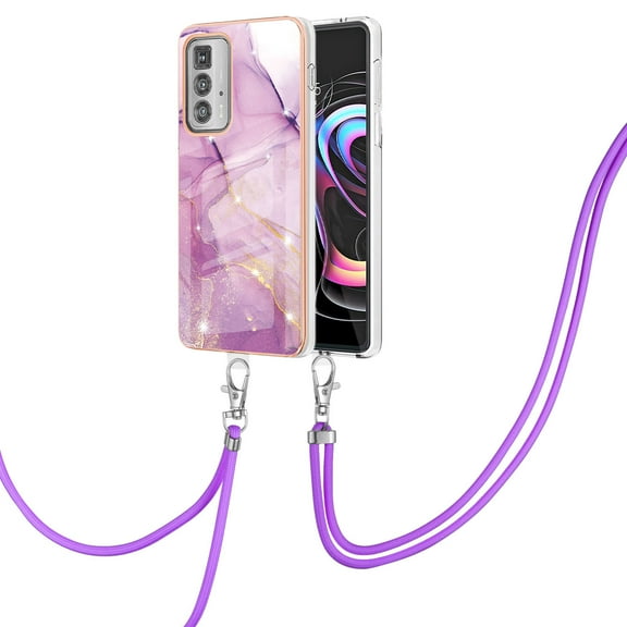 Allytech Moto Edge 20 Pro Case, Luxury Marble Pattern Rubber TPU Shoulder Strap Lanyard Drop Protection Anti-scratch Shock-absorbing Back Cover Case for Motorola Moto Edge 20 Pro, Lightpurple