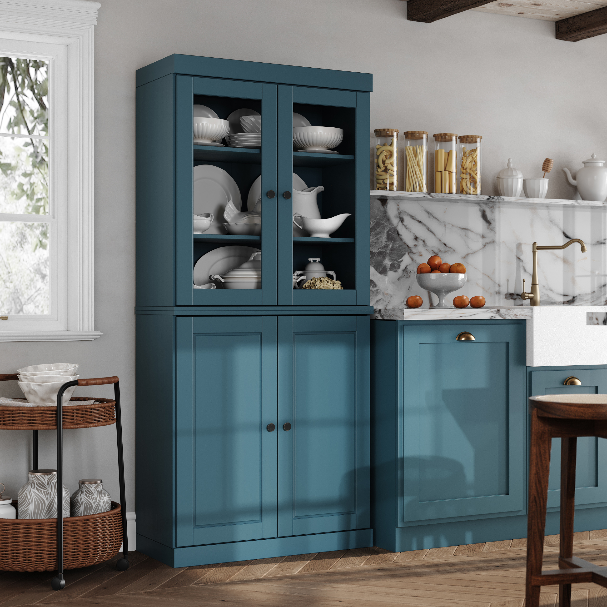 Palace Imports 100% Solid Wood Kitchen Pantry Storage Cabinet with Glass & Raised Panel Doors and Adjustable Shelves, 4-Door, Teal Blue