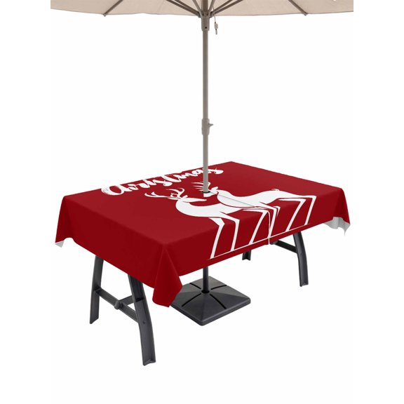 Outdoor Tablecloth with Umbrella Hole and Zipper, Merry Christmas Rectangle Table Cloth 60x84 Inch Waterproof Tablecloth, Red Xmas Elk Seasonal Winter Holiday Picnic Table Cover for Patio Camping