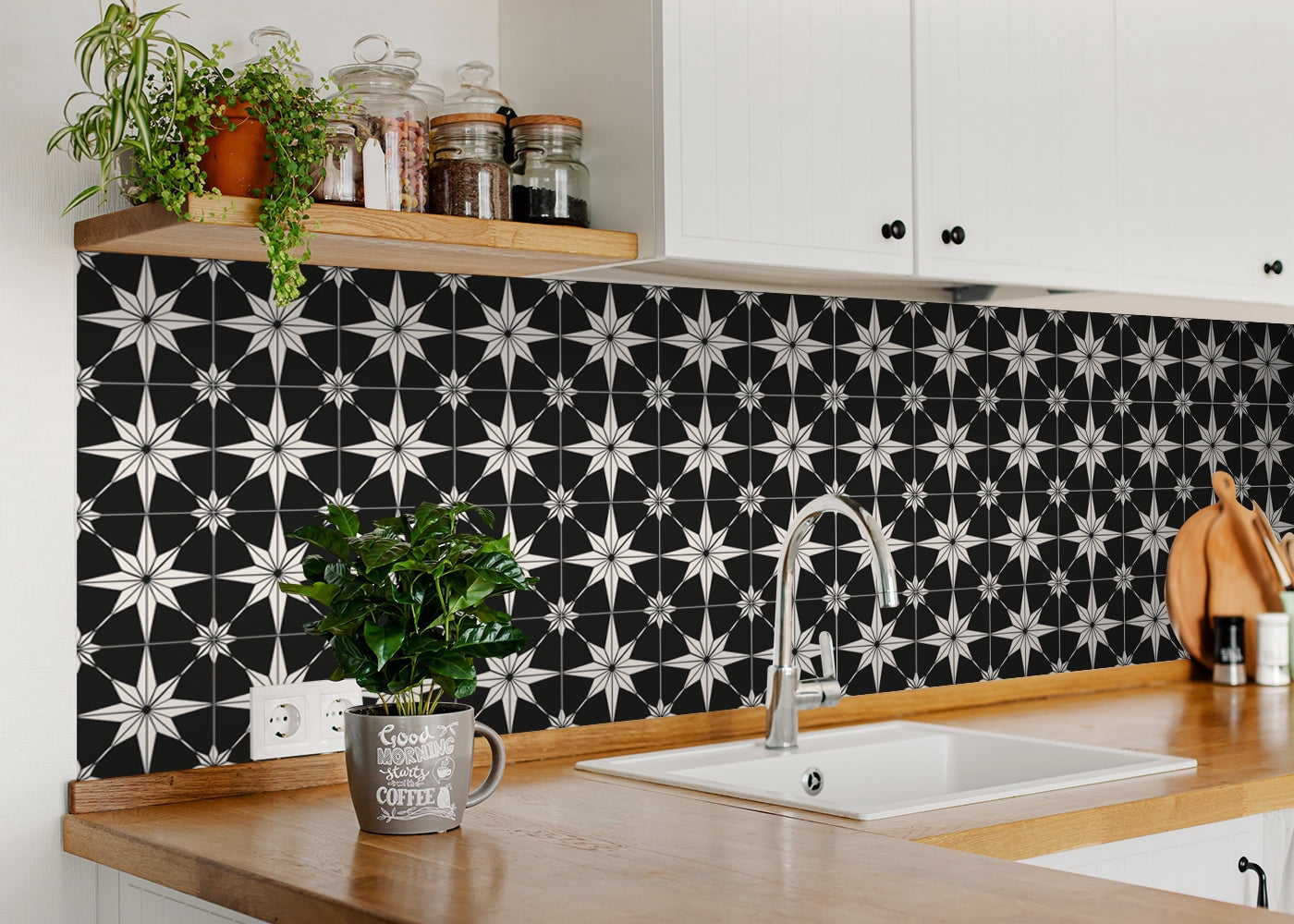 Mi Alma Peel and Stick Star Shaped B66 Backsplash Vinyl Tile Stickers, Black, 8" x 8" (24-Pack)