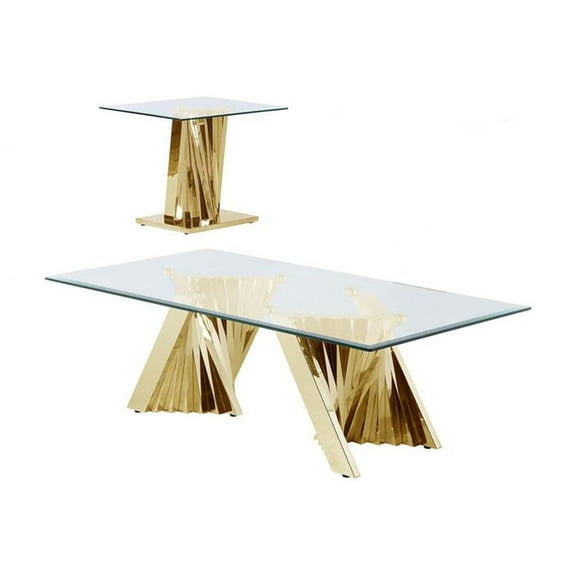 Geometric Clear Glass Coffee   End Table Set with Gold Stainless Steel