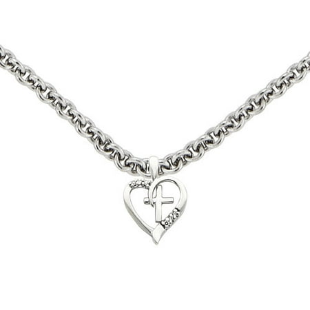 Diamond 14kt White Gold Heart and Cross Pendant Necklace, 18