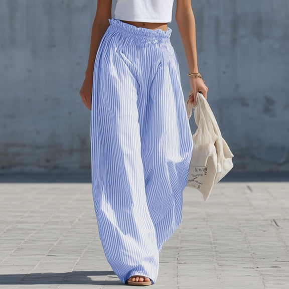 Pounoo Womens Palazzo Pants Elastic Waist Vertical Stripe Wide Leg Pants Striped Print Womens Summer Pants Loose Fit Summer Outings Lightweight Womens Summer Pants