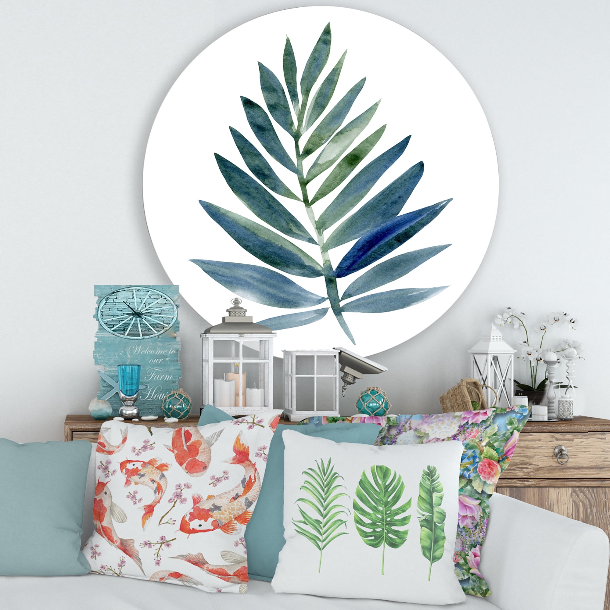 Designart 'Tropical Green Leaf On White' Farmhouse Circle Metal Wall Art 29x29 - Disc of 29