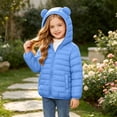 thumbnail image 3 of Winter Puffer Coat with Bear Ears for Boys Girls, Long Sleeve Hooded Zip Up Cotton Outerwear Jacket with Pockets, Blue 14-15 Years, 3 of 8