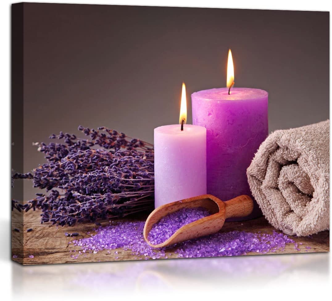 Purple Spa Bathroom Decor Wall Art Purple Candles Flowers Pictures Wall  Decor Canvas Painting Print Zen Meditation Artwork Norina Home Decor Framed  for Living Room Bedroom 24x20 