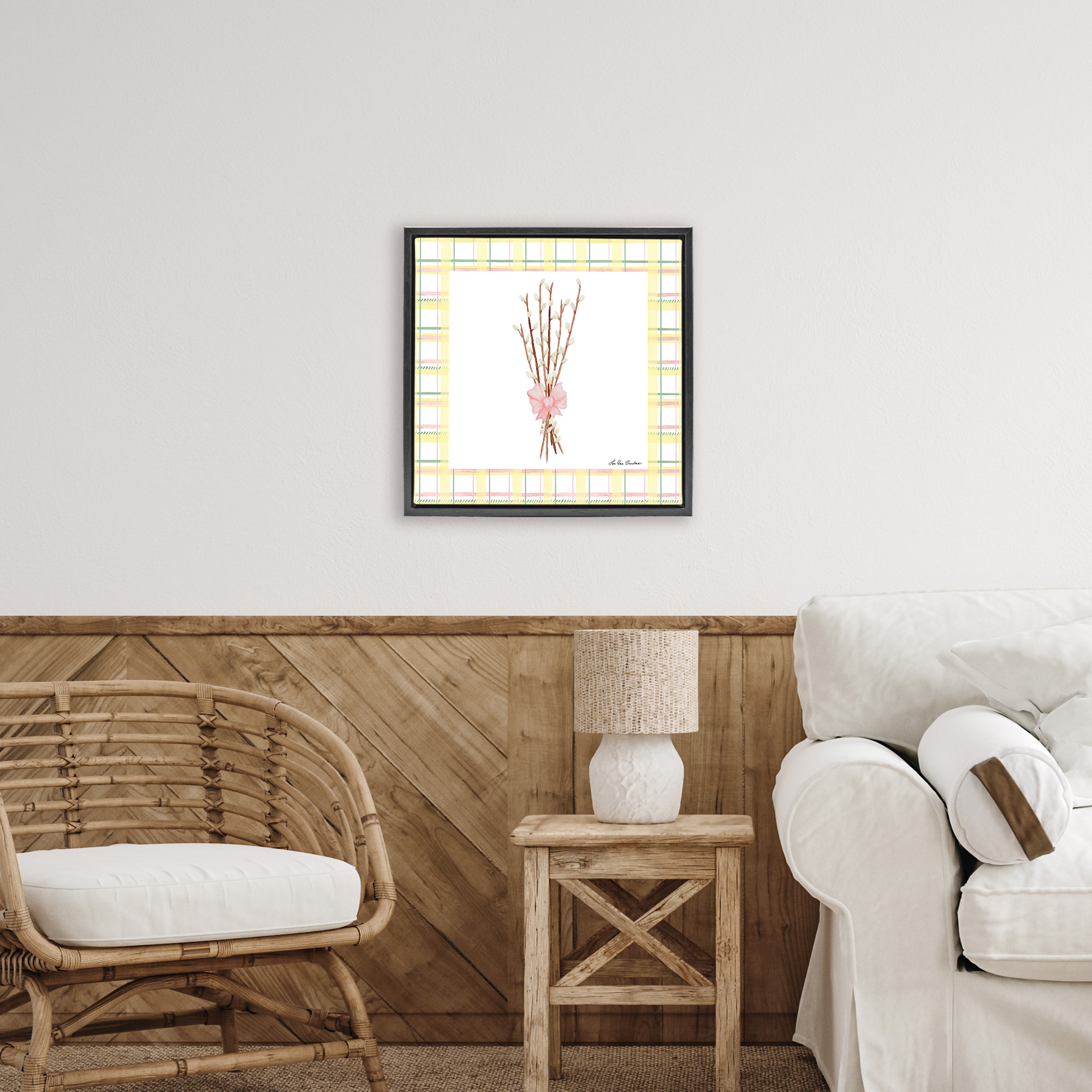 Pastel Spring Pussy Willow Black Framed Floater Canvas Wall Art, design by Lee Ann Sanders