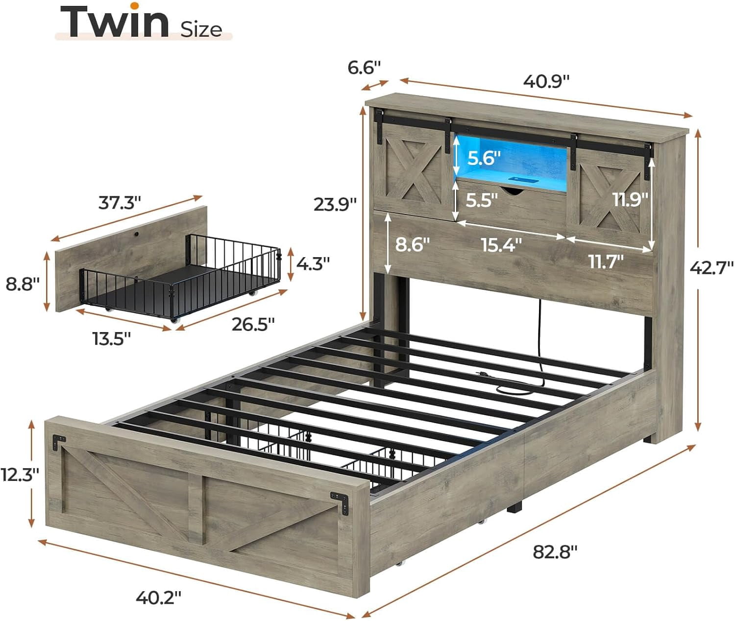 Twin Size Bed Frame with Headboard and Drawers, Farmhouse Twin Platform Bed Frame with LED Lights and Charging Station, No Box Spring Needed, Gray