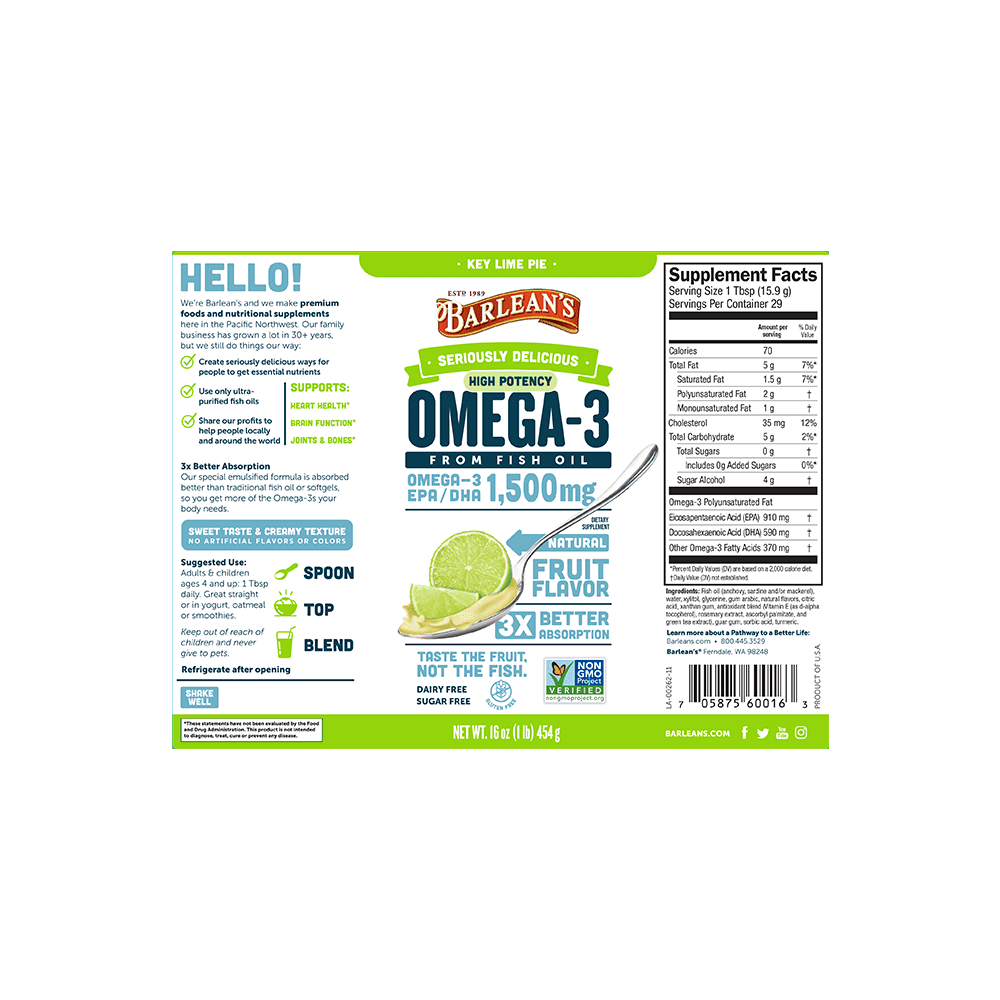 Barlean's Key Lime Pie Seriously Delicious High Potency Omega-3 Fish Oil - EPA/DHA for Brain, Heart, Joint, & Immune Health - All-Natural Fruit Flavor, Non-GMO, Gluten Free - 16 oz