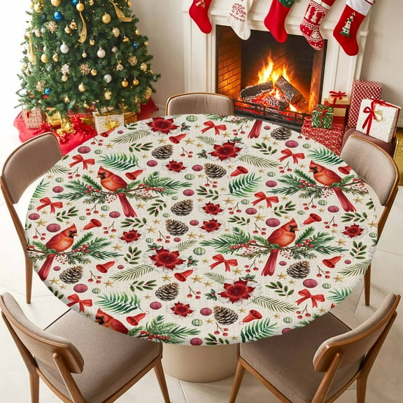 Round Table Cloth with Elastic Fitted Edged, Christmas Cardinals Bird Pine Cone Waterproof Tablecloth for 36"-44" Tables Red Beige Green Wipeable Indoor Outdoor Table Cover for Kitchen Picnic Camping