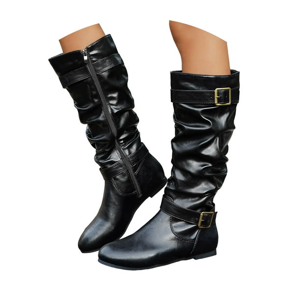YLYL Women's Slouchy Knee High Riding Boots Low Flat Heel Side Zipper Buckles Slip on Winter Boots