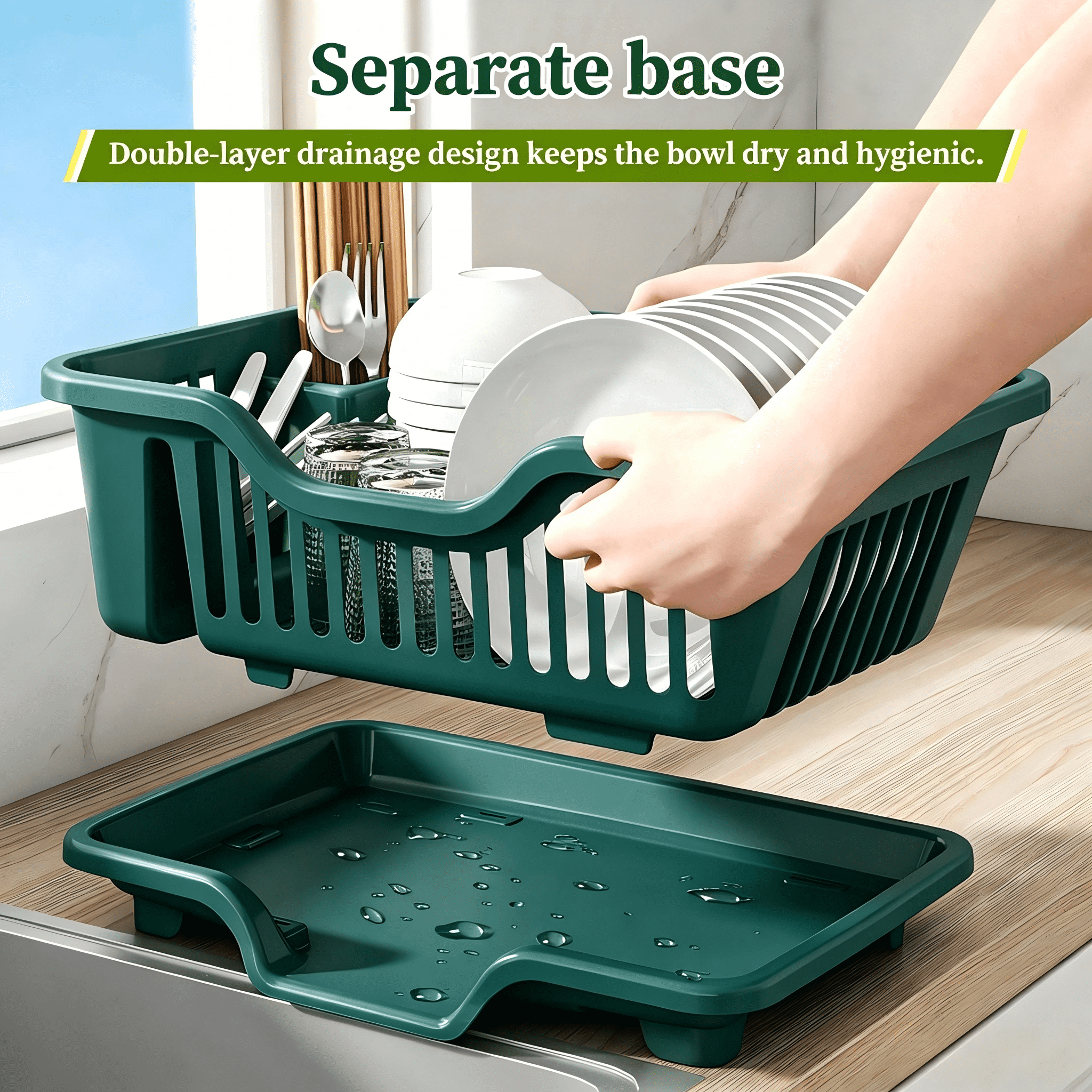 Dish Drying Rack Dish Strainers Cutlery Holder Utensils Holder Dish Rack and Drainaboard Set for Kitchen Countertop Dining Room Restaurant Dark Green