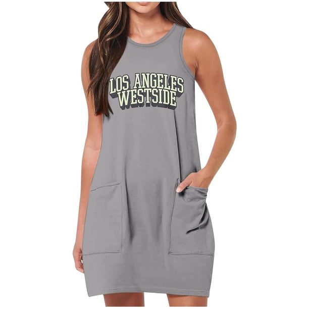 Vestido de Verano para Mujeres, Vestido de Cuello Redondo sin Mangas de Bolsillo de Impresión de Moda Casual Hecha de 95% Poliéster 5% Spandex para Primavera Verano, Vestido Sexy para Mujeres