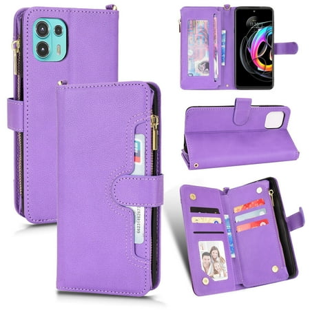 Case for Motorola Edge 20 Fusion Cover Zipper Magnetic Wallet Card Holder PU Leather Flip Case - Purple