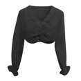 thumbnail image 5 of Tqcoqu Women's Long Sleeve Crop Tops,Sheer Mesh V-Neck Ruched Front Ruffle Cuff Tops,Black Women's S-XXL, 5 of 6