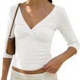 thumbnail image 2 of Women 90s Vintage 3/4 Long Sleeve Wrap V Neck Crop Tshirt Tops Slim Fit Open Back Y2k Girls Summer Going Out Tee White M, 2 of 7