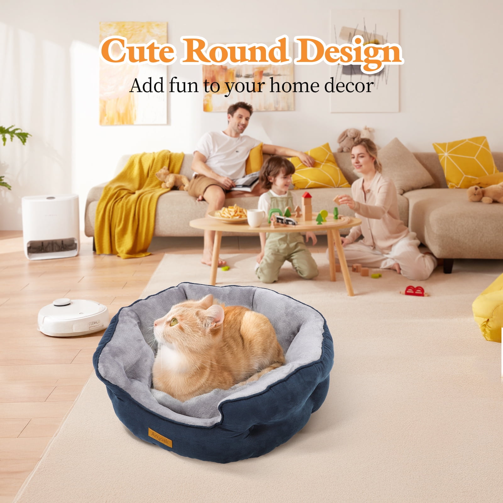 Anyask Round Soft Cat Beds for Small Indoor Cats Dog Up to 15 lbs, Blue 20"x19"x6"