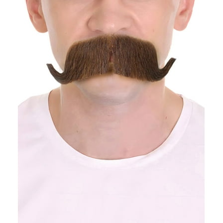 HPO Adult Men's Fake Human Hair Grandpa Curly Comb Mustache | Novelty False Facial Hair | Brown Color | Costume Accessory