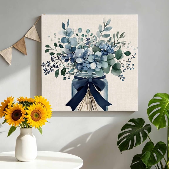 Blue Floral Canvas Wall Art Framed Wall Decor for Living Room Bedroom Bathroom, Pastoral Eucalyptus Leaf Bow Vase Canvas Pictures Ready to Hang Decor, 8"x8"