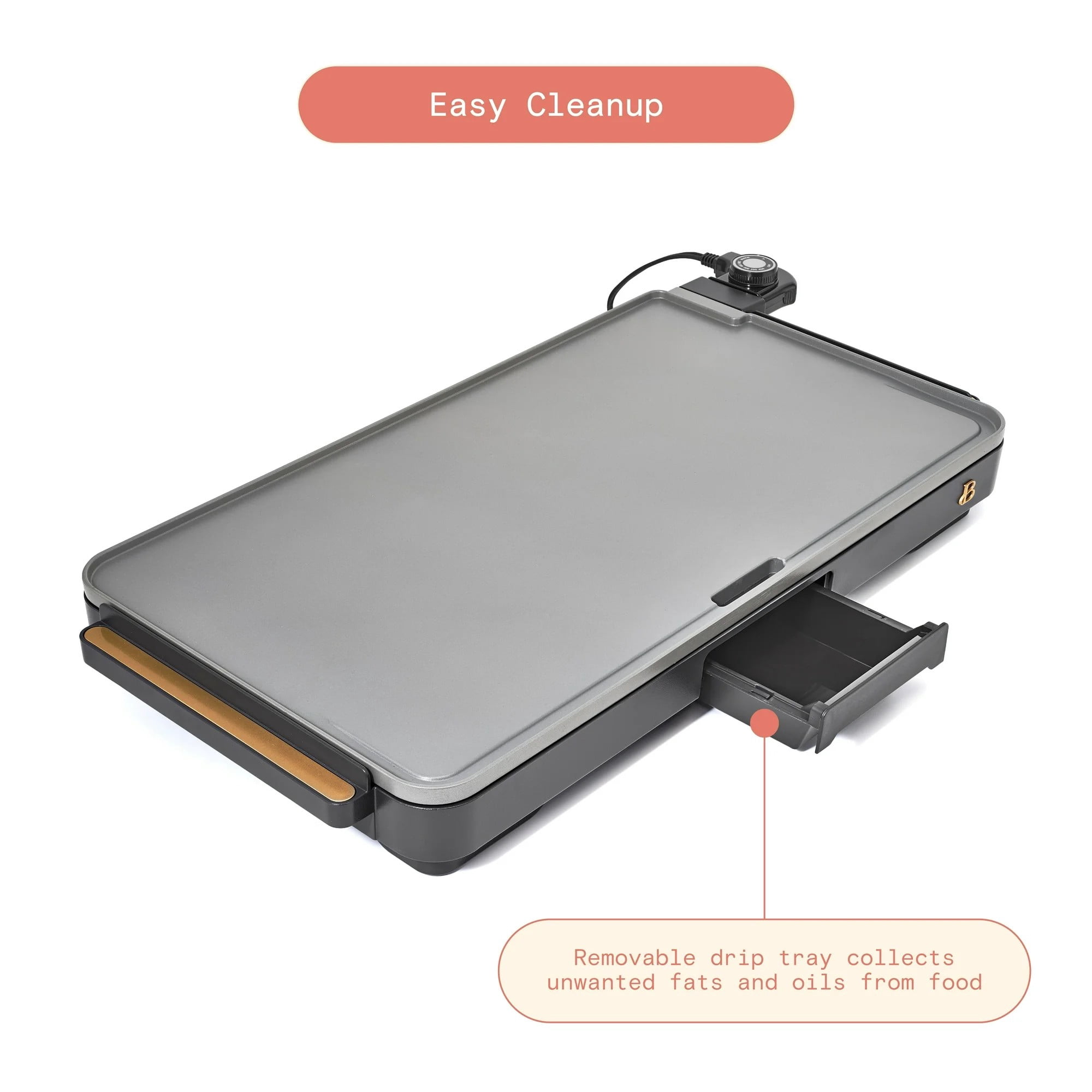 Beautiful XL Electric Griddle 12" x 22", Non-stick, Oyster Grey by Drew Barrymore