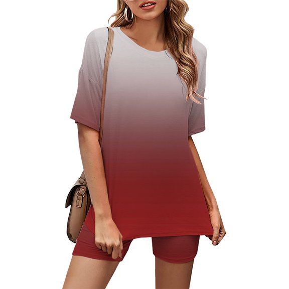 Summer Savings Clearance! Edvintorg Pajama Sets For Women Soft Fashion Round Neck Blouse Short Sleeve Tops Biker Shorts Casual Suit Workout Sets For Women Red XXXL