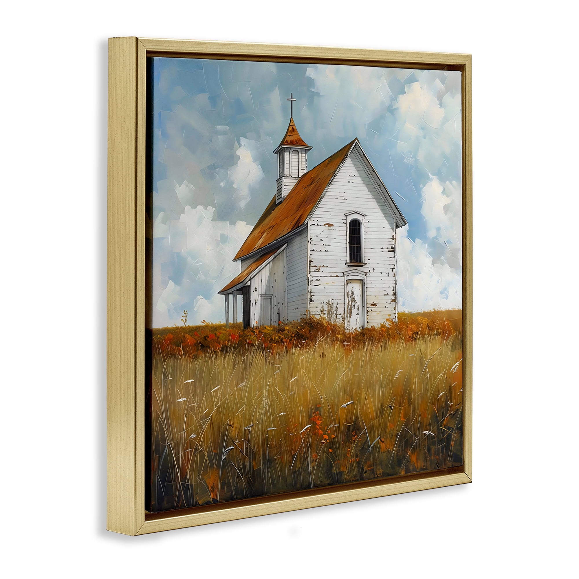Stupell Industries Rustic Church in Field Gold Framed Floater Canvas Wall Art, design by Creative Studio