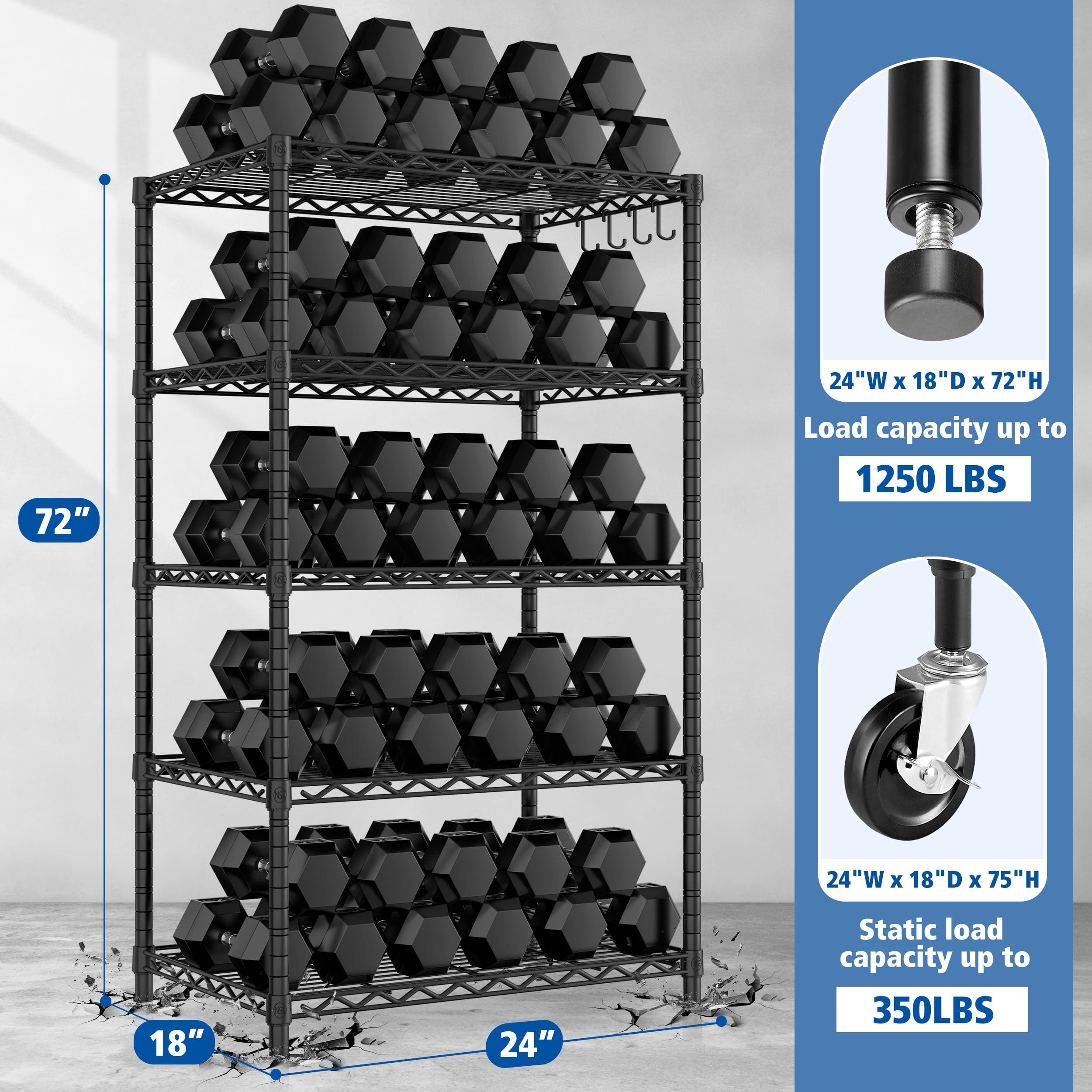 Prilinex 5-Tier Wire Shelving with Wheels 24"W x 18"D x 72"H Adjustable Heavy Duty Steel Wire Rack, Metal Storage Shelves for Kitchen Pantry, Rolling Garage Shelving Unit, Black