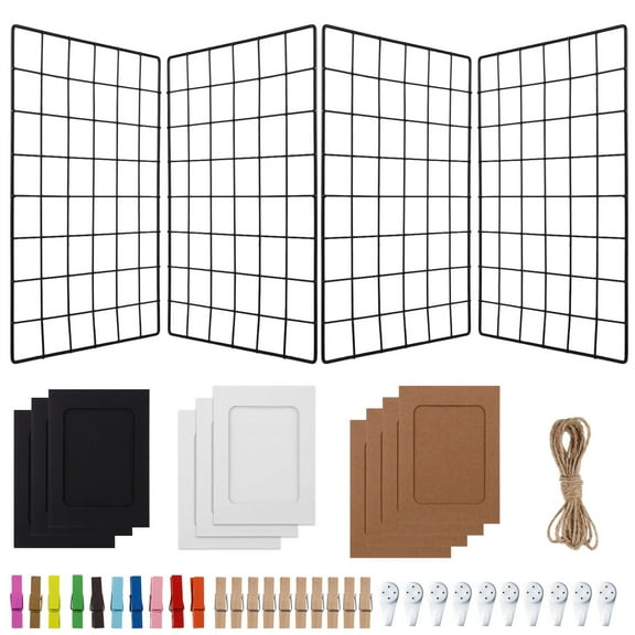 4 Pcs Wall Grid Panels, 15.7×11.8" Wire Wall Grid Shelves with Photo Frames, Clips, Hooks, and Hemp Rope, Wall Hanging Display Grid Holders, Wall Decor Organizers, Metal Wire Memo Boards