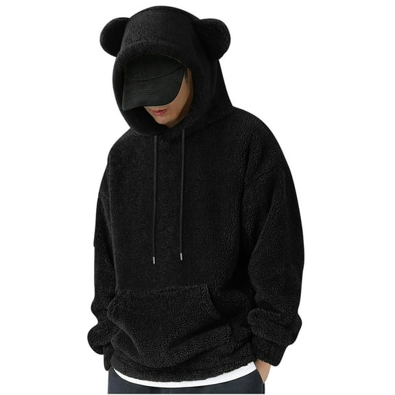 Fuzzy Hoodie Men Sherpa Sweatshirts Cute Teddy Bear Ears Hooded Pullover Long Sleeve Soft Warm Fleece Homewear