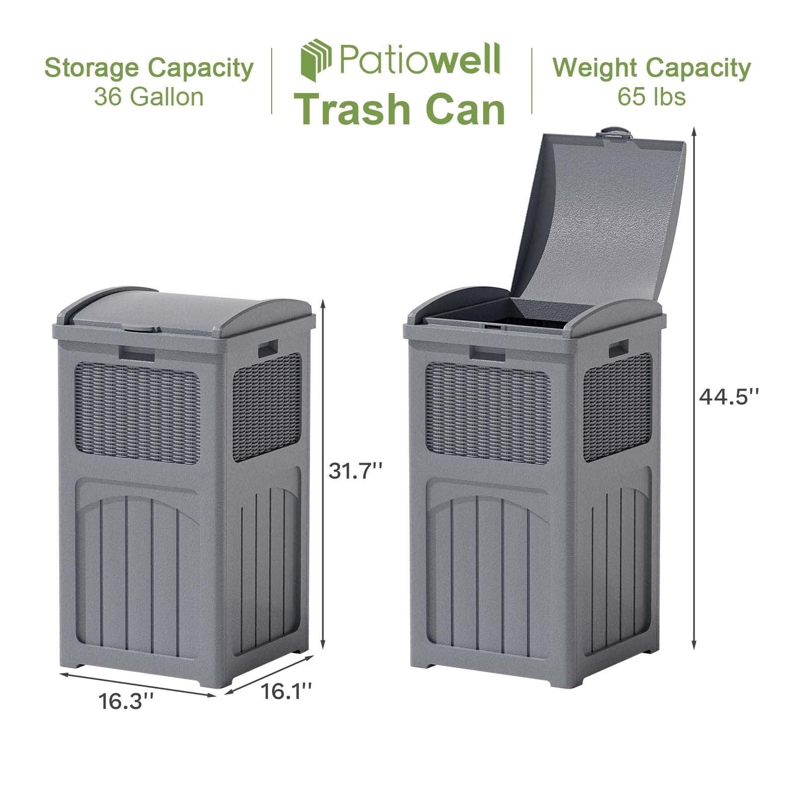 Patiowell 36 Gallon Hideaway Can Resin  Trash with Latch for Backyard, Deck, or Patio,Gray