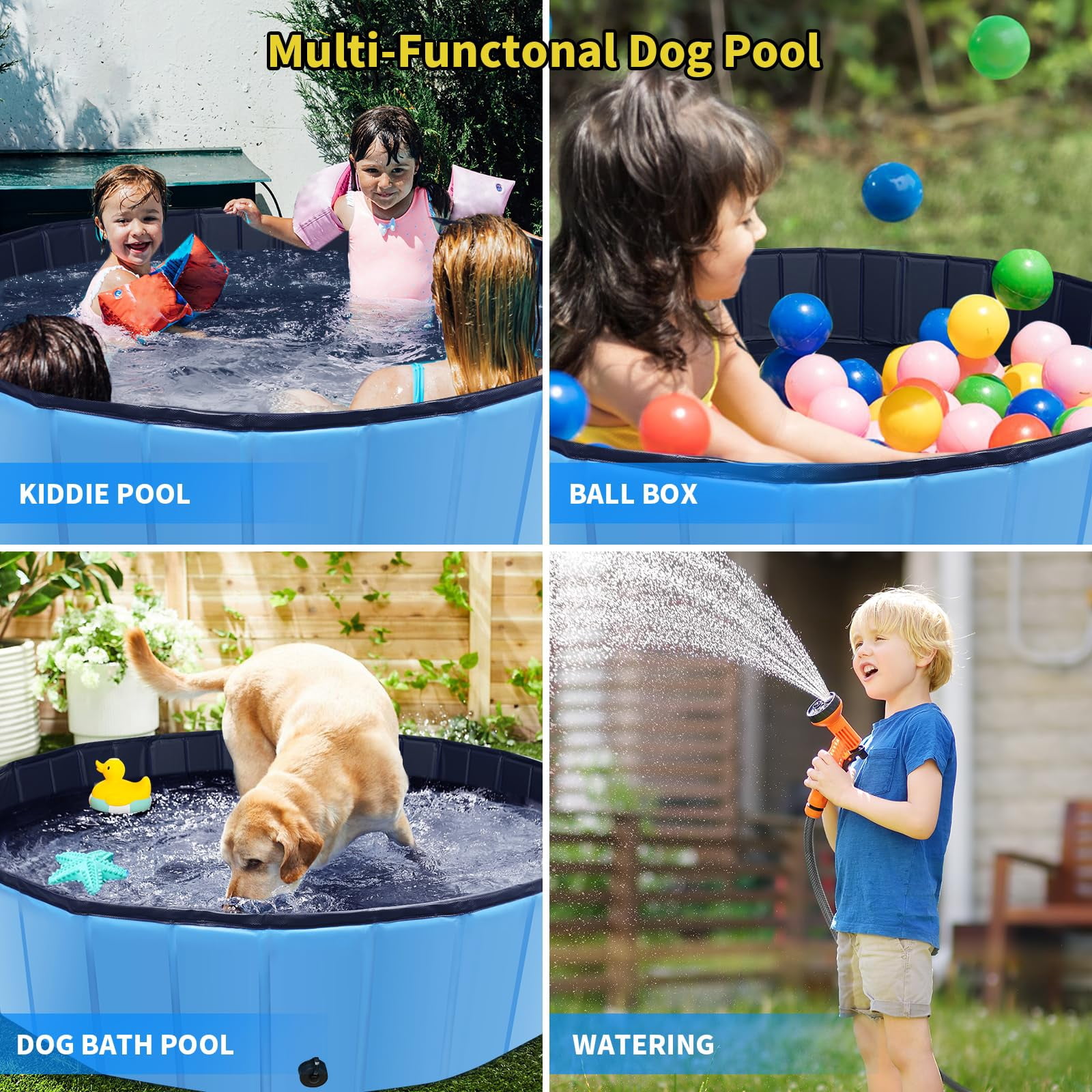 Foldable Dog Pool for Large Dogs & Kids, Collapsible Hard Plastic Kiddie Pool Non-Slip Pet Bath Tub for Outdoor Backyard, Blue