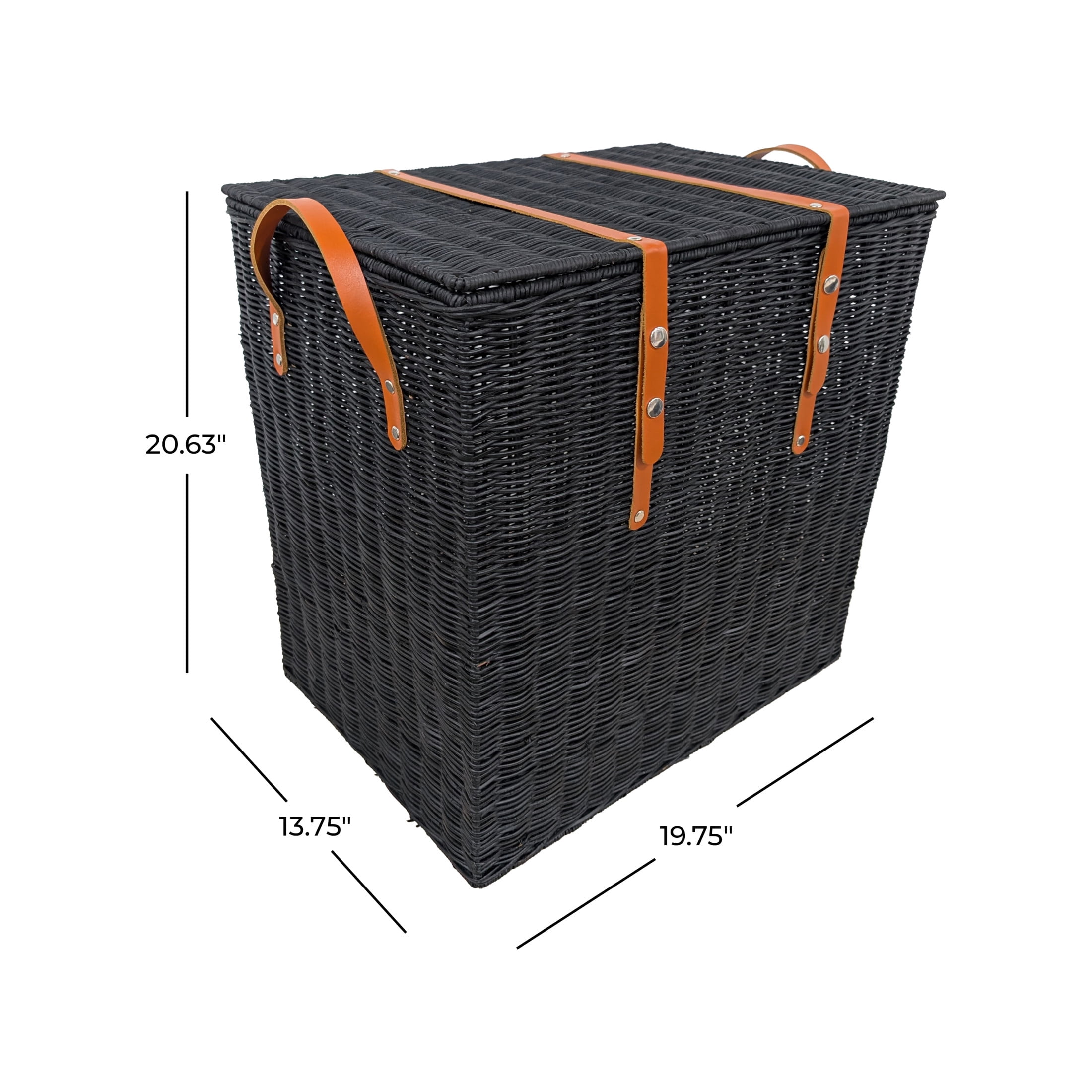 DecMode 20" x 21" Black Rattan Handmade Woven Storage Basket with Brown Leather Handles, 1-Piece
