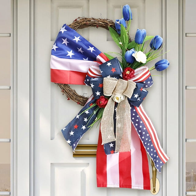 Cesta de puerta de corona de flores del Día de la Independencia | Patriótico Rojo Blanco Azul Decoración de Bienvenida | Colgante de puerta de entrada rústica | Decoración interior y exterior