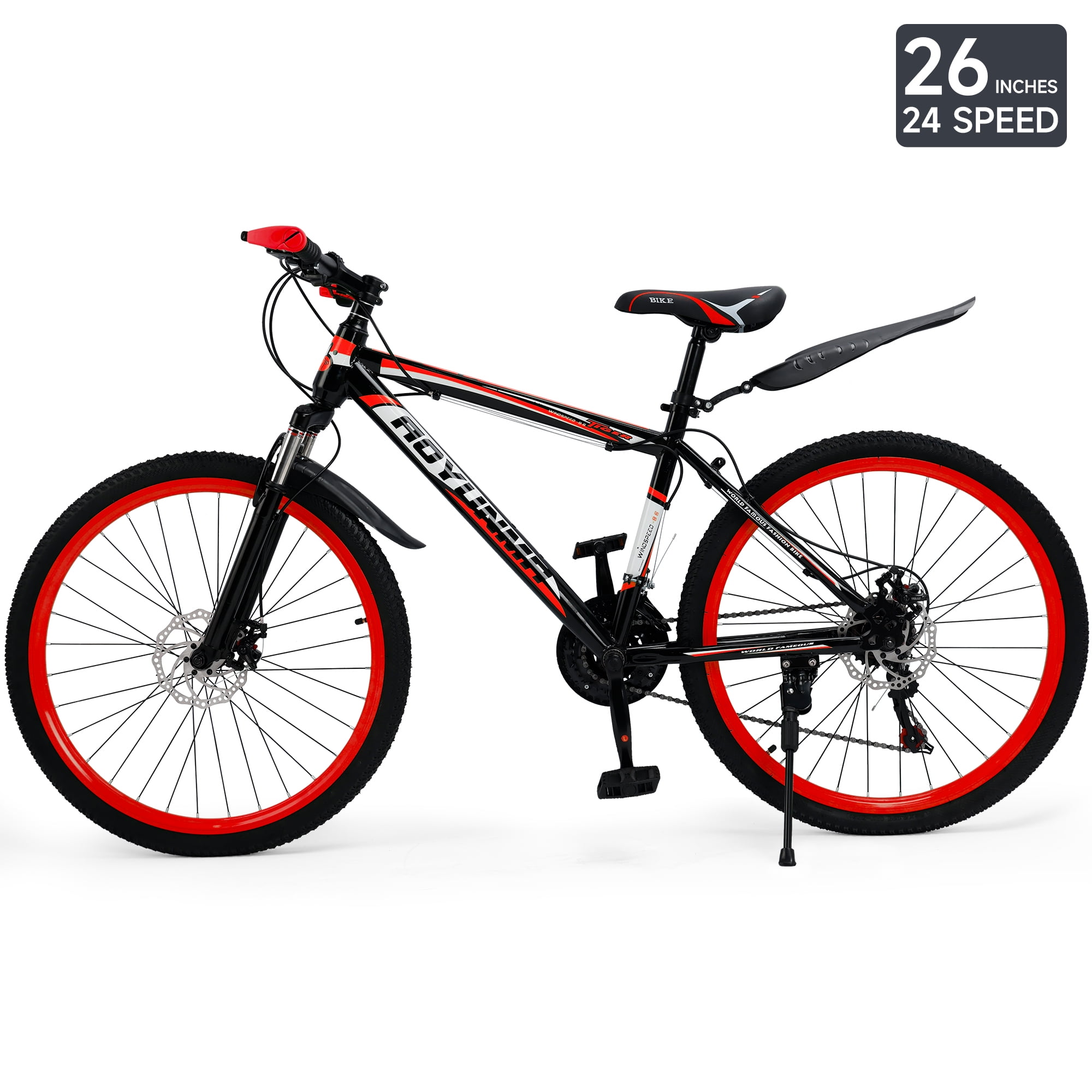 26" Mountain Bike for Men/Women, 24 Speed Shimano Twist Shifting, Front or Dual Suspension, Comfort Saddle Red/White/Blue/Green