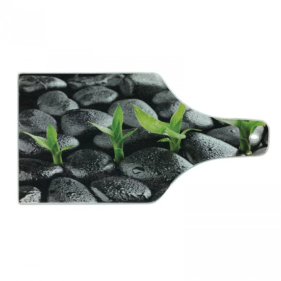 Plant Cutting Board, Basalt Stones with Bamboo Leaves Sticking Water Droplets Harmony of Nature, Tempered Glass Cutting and Serving Board, Wine Bottle Shape, Dark Taupe Lime Green, by Ambesonne
