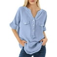 thumbnail image 7 of Breezora Stand Collar Mid Sleeve Button Front Shirt Women's Loose Fit Casual Cotton Tops XXXXL Size Sky Blue, 7 of 7