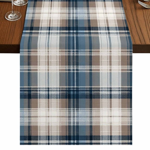Blue Brown Plaid Short Table Runner 48 Inches Long,Vintage Abstract Stripes Lattice Cotton Linen Table Runners Dresser Scarves,Tabletop Scarf Furniture Cover for Home Dinner Party Decor 13"x48"