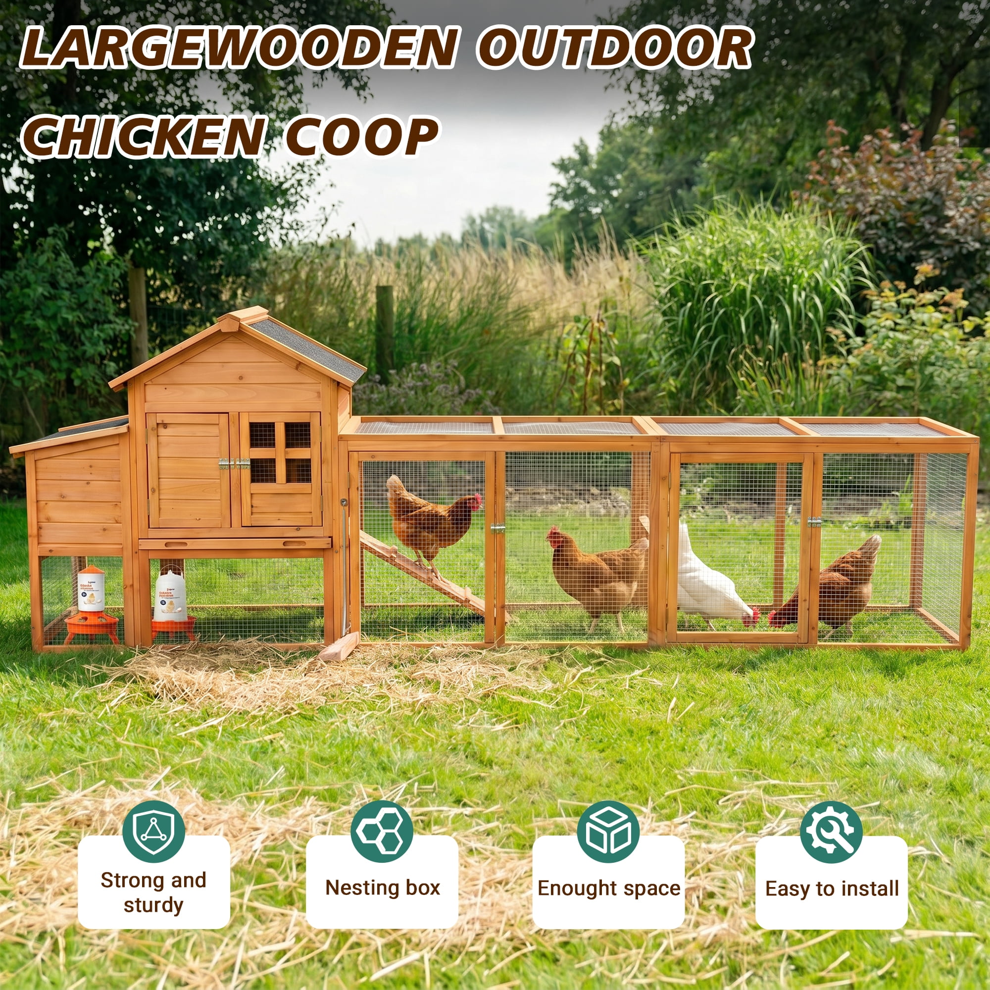 122" Large Chicken Coop with Run, Nest Box & Removable Tray, Weatherproof Wooden Hen House for 4-6 Chickens, Outdoor Poultry Cage