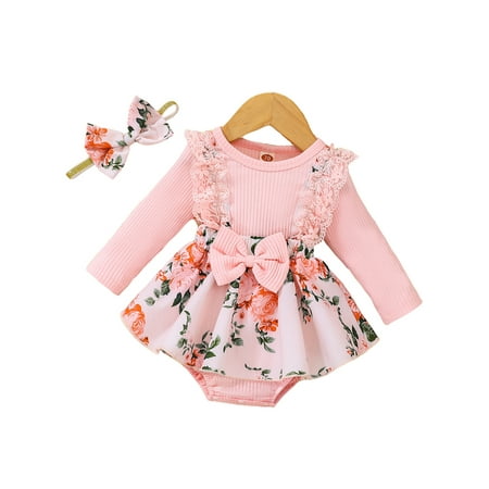 

PBaeM Newborn Girls Casual Spliced Lace Ribbed Long Sleeve Floral Jumper Dress With Headband