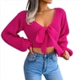 thumbnail image 2 of Suéter de Punto Acanalado con Lazo y Larga para Mujer, Top Corto con Cuello en V para Otoño e Invierno. Rosa Roja L, 2 of 10