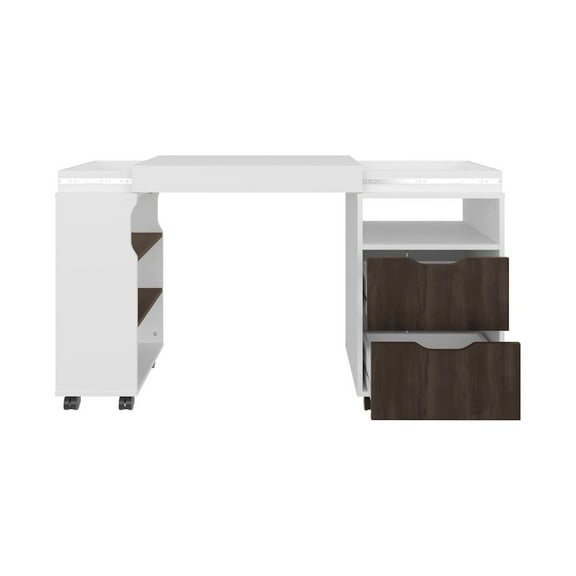Depot E-Shop Odessa Extendable Desk, 2 Drawers, 4 Shelves, 4 Wheels, White/Walnut