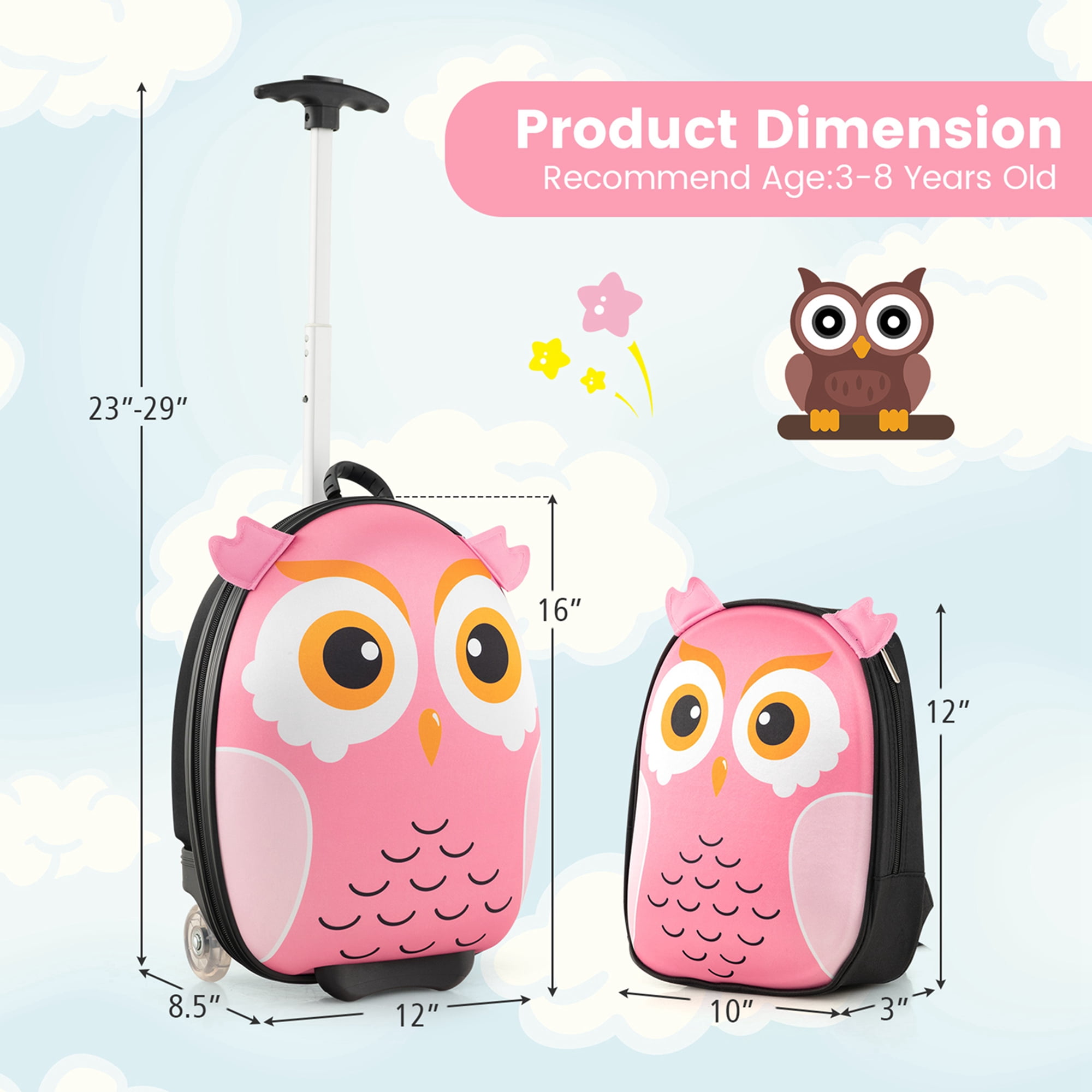 Costway 2PCS Kids Carry On Luggage Set 16'' Owl Rolling Suitcase with 12'' Backpack Travel Pink